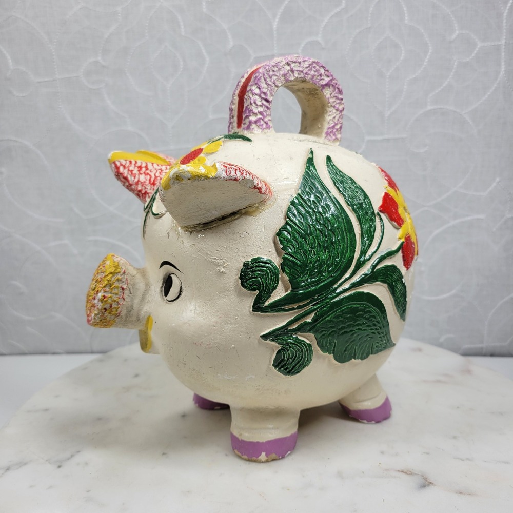 Vintage Hand Painted Chalkware Piggy Bank Floral Distressed Folk Art Mexico
